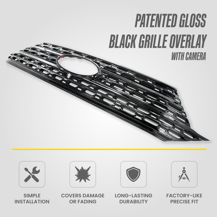 Grille Overlay (With Front Camera), Gloss Black 1-Piece Snap-on Tape-on Grill Cover Compatible with 2020-2024 Ford Explorer Limited