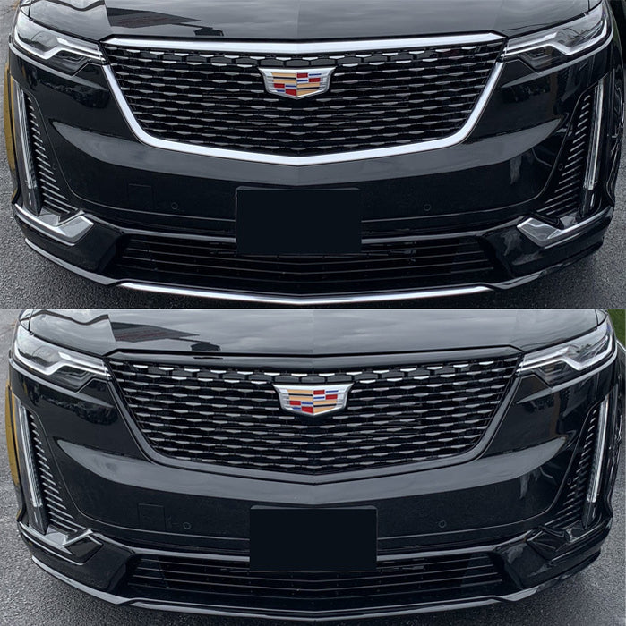 Two views of a Cadillac vehicle's front grille chrome delete before and after