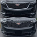 Two views of a Cadillac vehicle's front grille chrome delete before and after