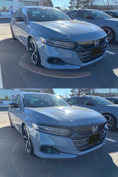 Two images of a blue Honda car in a parking lot chrome delete before and after