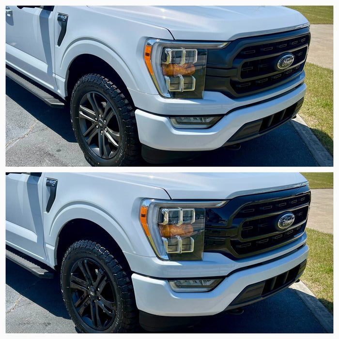 Two views of a white Ford truck with a focus on the front grille BEFORE AND AFTER