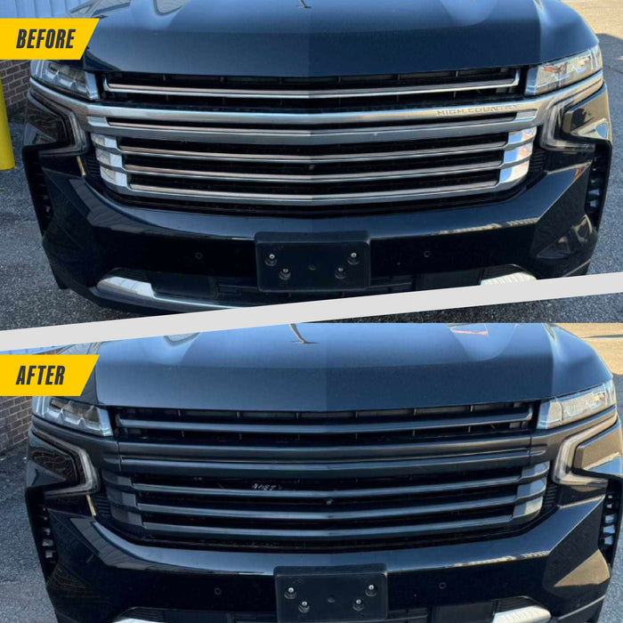Trim Illusion ABS6845BLK Chrome Delete Grille Overlay for 21-24 Chevrolet Suburban/Tahoe High Country. Tape-on Gloss Black ABS Grille Overlay 7 PCS kit. U.S. Patented