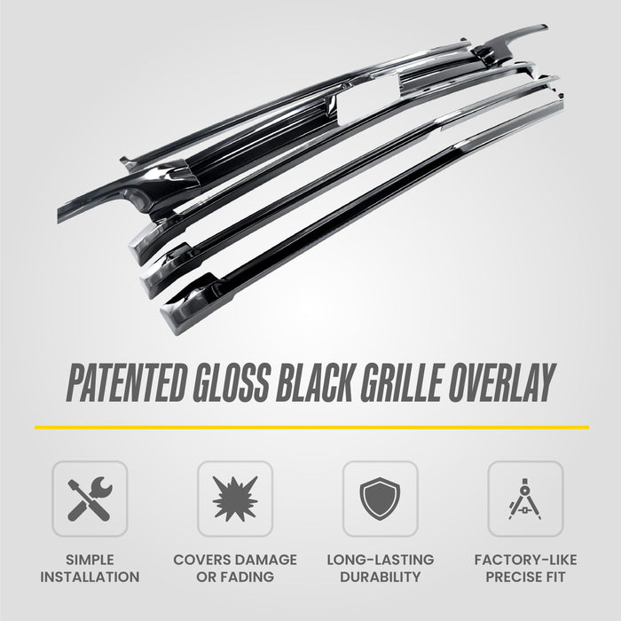 Trim Illusion ABS6845BLK Chrome Delete Grille Overlay for 21-24 Chevrolet Suburban/Tahoe High Country. Tape-on Gloss Black ABS Grille Overlay 7 PCS kit. U.S. Patented