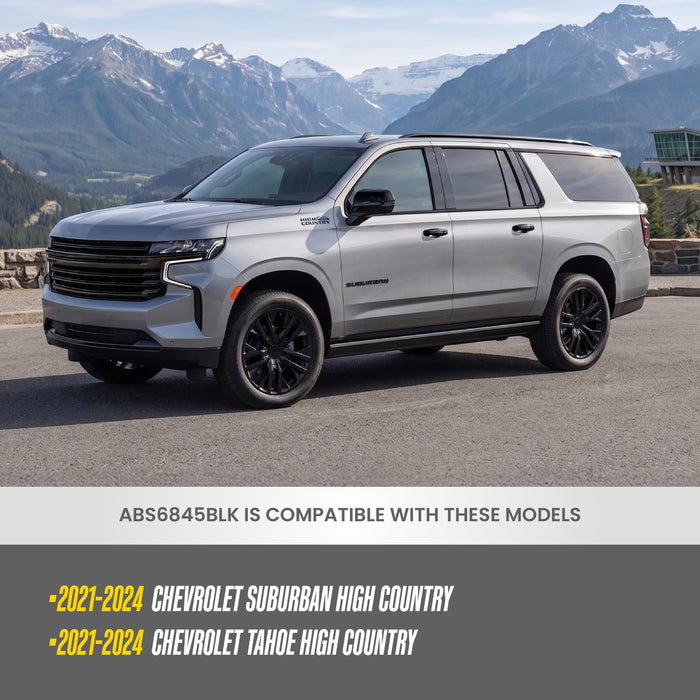 Trim Illusion ABS6845BLK Chrome Delete Grille Overlay for 21-24 Chevrolet Suburban/Tahoe High Country. Tape-on Gloss Black ABS Grille Overlay 7 PCS kit. U.S. Patented