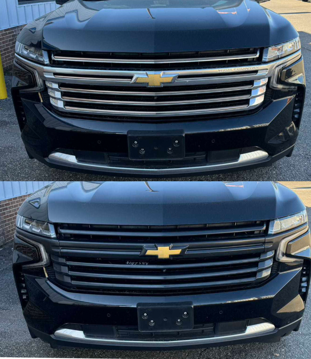 chrome delete grille overlay for chevy tahoe high country before and after install
