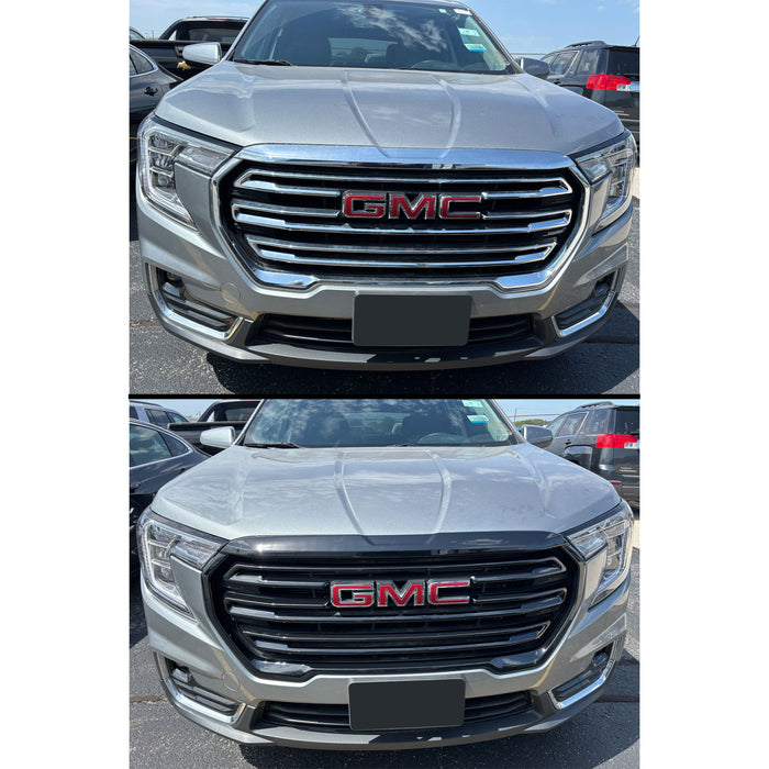 Two images of a GMC vehicle's front grille with clear background