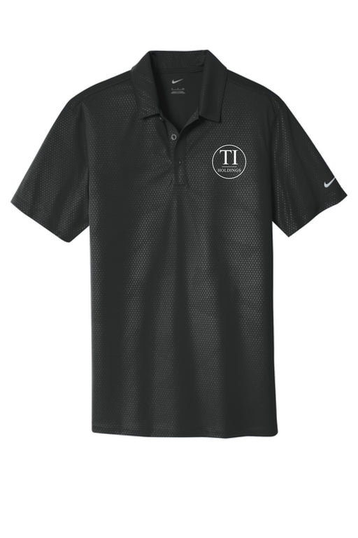 Black Nike polo shirt with a TI holdings logo on a white background