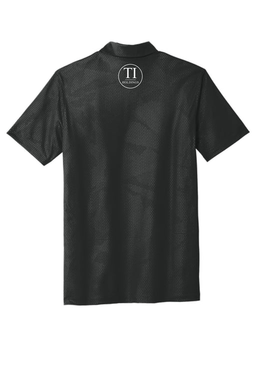 Black Nike polo shirt with a TI holdings logo on a white background