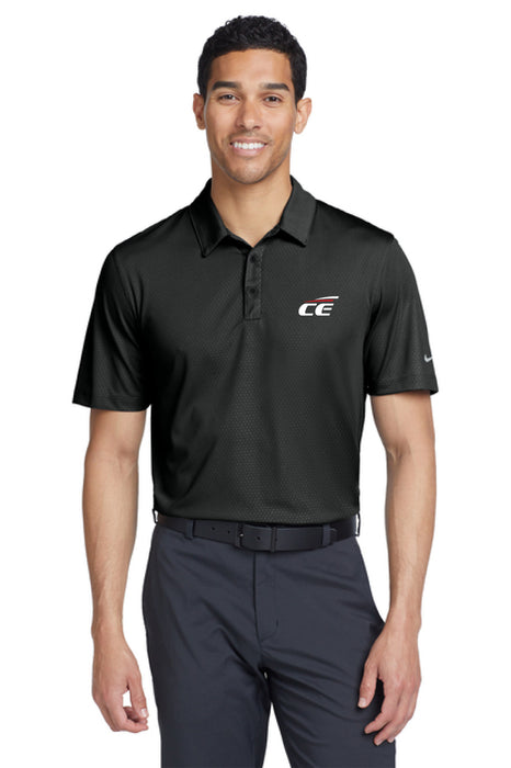 Man wearing a black Chrome Enhancements polo shirt with a logo on a white background