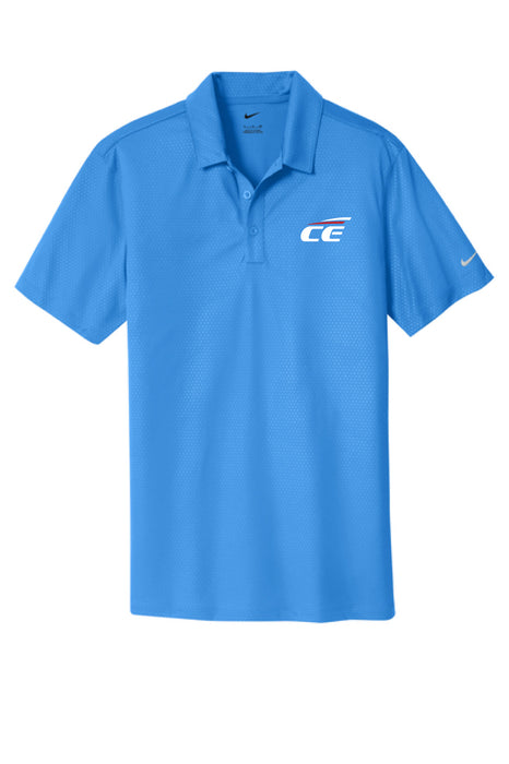 Blue polo shirt with a Chrome Enhancements logo on a white background