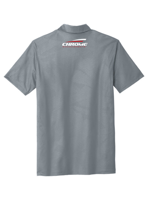 Gray polo shirt with a Chrome enhancements logo on a white background