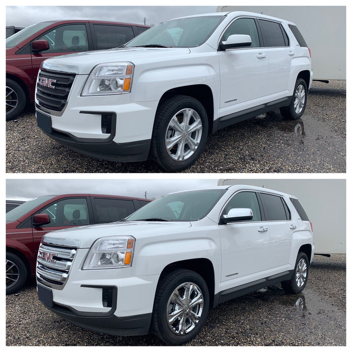 Two images of a white GMC SUV parked outdoors with chrome door handles