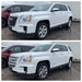 Two images of a white GMC SUV parked outdoors with chrome door handles