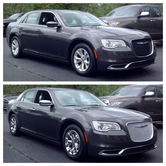 Two images of a gray Chrysler car with chrome trim accessories