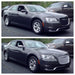 Two images of a gray Chrysler car with chrome trim accessories