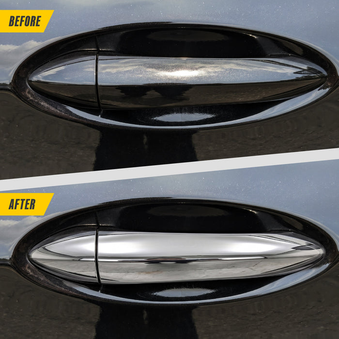 Before and after: factory black door handle vs DH308 chrome door handle cover, fits 2023 Chevrolet Bolt EV