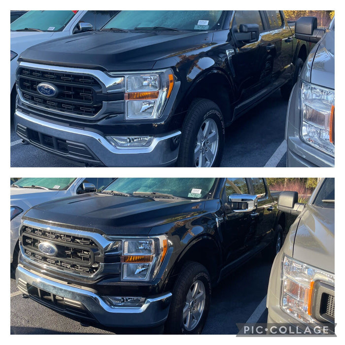 Collage of a black Ford truck from different angles in a parking lot before and after chrome door handles and mirror covers