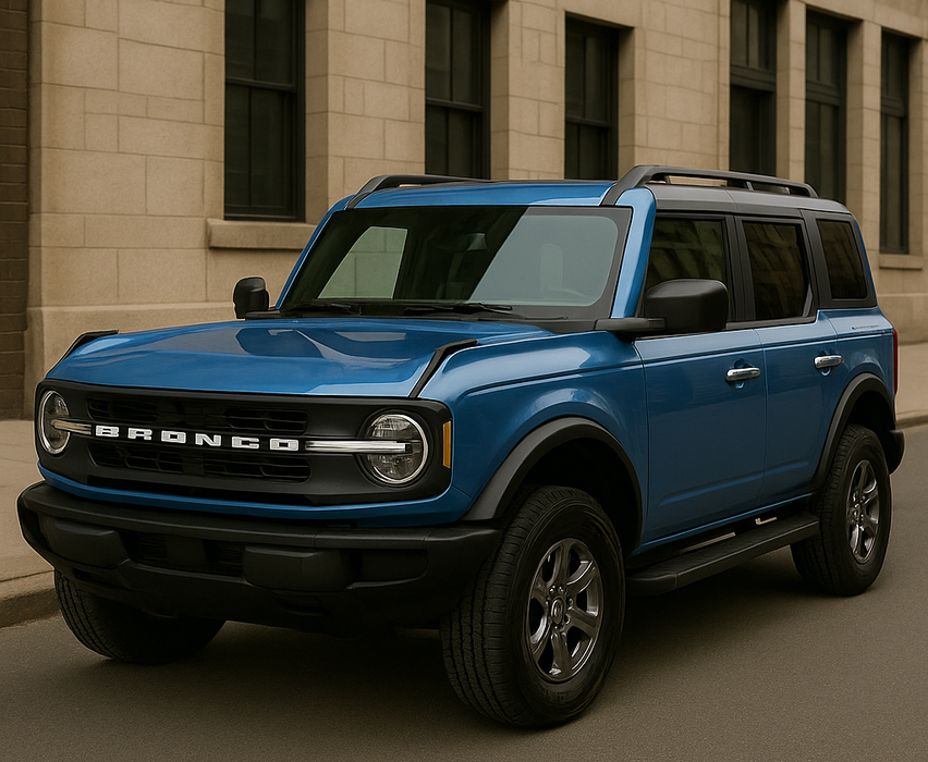 Blue Ford Bronco with chrome door handles installed