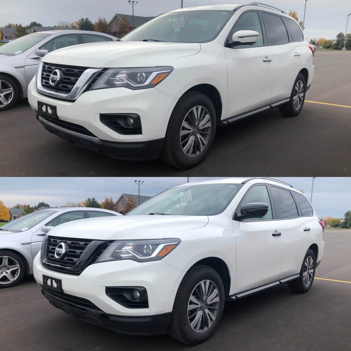 Two images of a white Nissan Pathfinder before and after chrome delete trim accessories