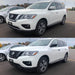 Two images of a white Nissan Pathfinder before and after chrome delete trim accessories