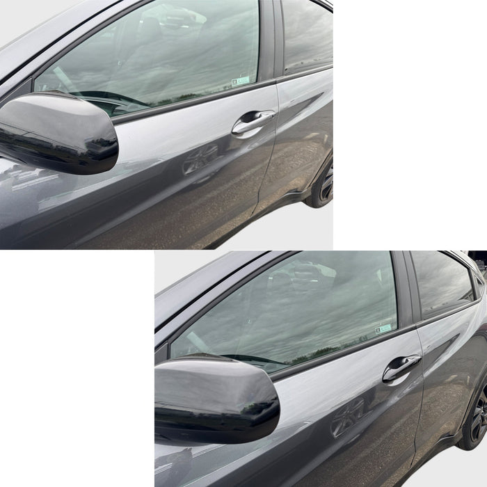 Side view of a car with a black side mirror and door handle. before and after