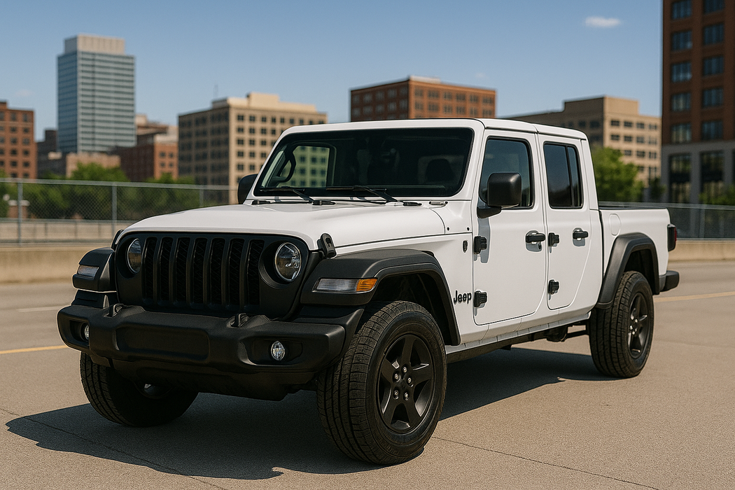 White Jeep gladiator parked in an urban setting with buildings abs6807blk