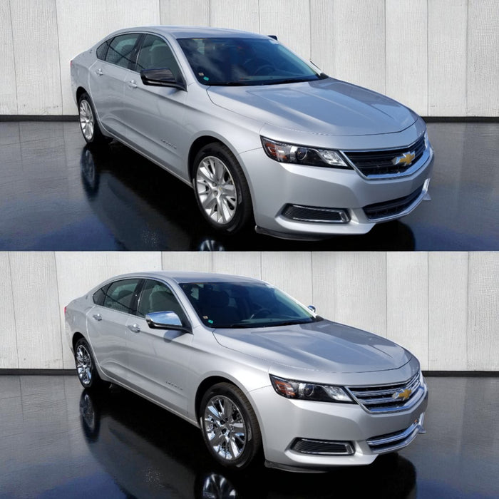 Two images of a silver Chevrolet car on a reflective surface with a light gray background with chrome trim 