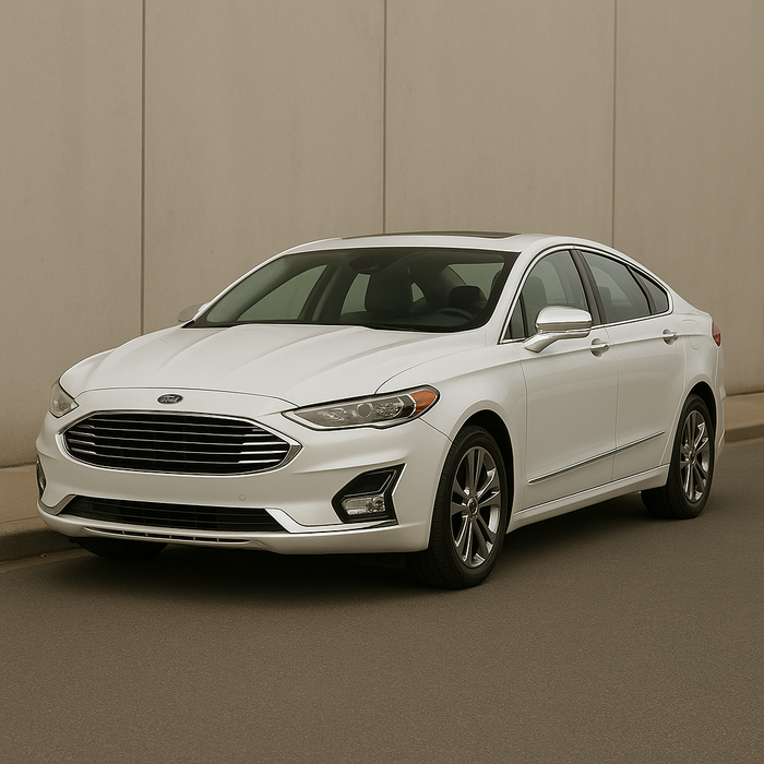 White Ford Fusion parked against a beige wall with chrome trim installed
