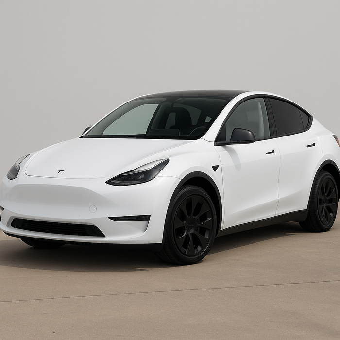 White Tesla car on a gray background with gloss black mirror covers