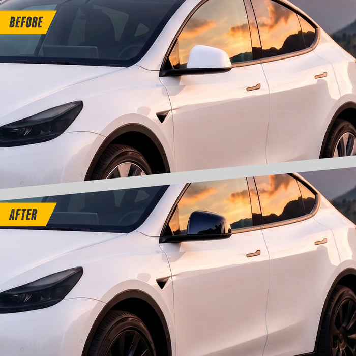 Trim Illusion MC6359BLK Chrome Delete Mirror Cover for 20-25 Tesla Y | Fits Base, Long Range, Performance and Standard Range. Tape-on Gloss Black ABS Mirror Cover. 2 PCS kit. U.S. Patented