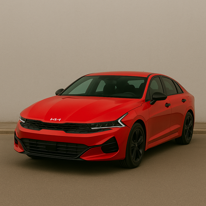 Red Kia car on a beige background with chrome delete trim