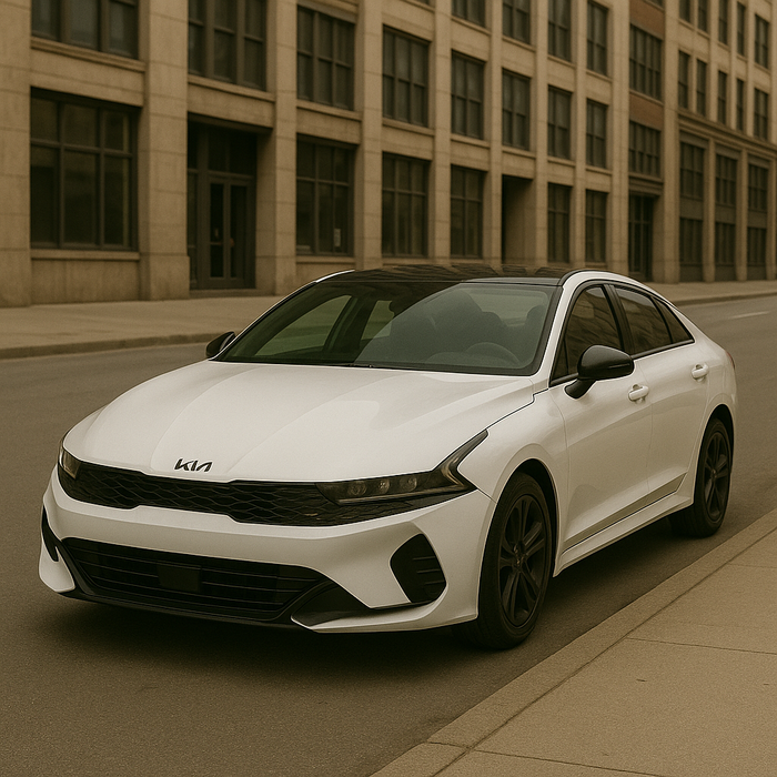 White Kia car  with chrome delete mirror parked on a city street with a building in the background