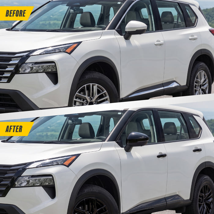 Before and after: 2026 Nissan Rogue chrome-look mirrors vs MC6397BLK gloss black mirror covers