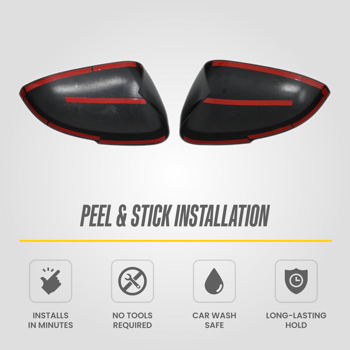 Peel and stick installation: MC6397BLK 2026 Nissan Rogue mirror covers with pre-applied adhesive tape