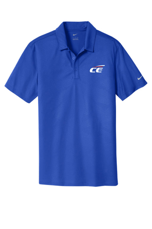 Blue polo shirt with a Chrome Enhancements logo on a white background