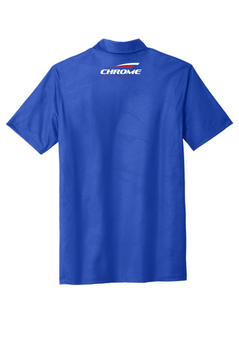 Blue polo shirt with a Chrome Enhancements logo on a white background