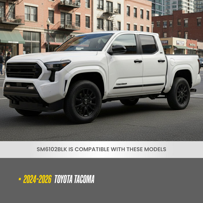 Trim Illusion SM6102BLK Chrome Delete Door Molding for 24-26 Toyota Tacoma | Fits SR, SR5, Limited, Trailhunter, TRD range and more. Tape-on Gloss Black ABS Door Molding. 4 PCS kit. U.S. Patented