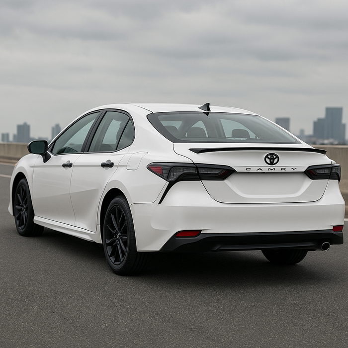 White Toyota Camry car on a road with a city skyline in the background and gloss black spoiler