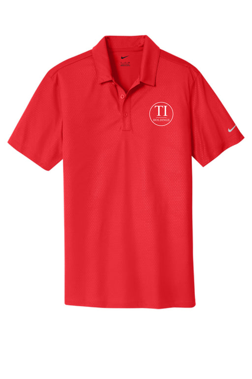 Red polo shirt with a TI Holdings logo on a white background
