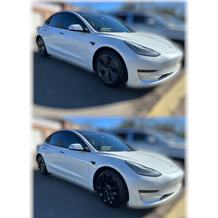 White electric car before and after black wheels on a blurred background