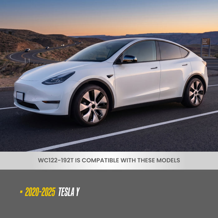Trim Illusion WC122-192T Silver & Black Wheel Cover for 20-25 Tesla Y | Fits Base, Long Range, Performance and Standard Range. Snap-on Silver & Black Wheel Cover. U.S. Patented