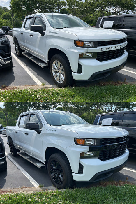 White Chevrolet silverado before and after chrome delete wheel skins installed