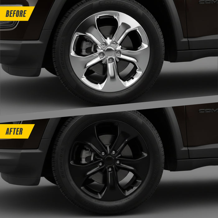 Trim Illusion Gloss Black Wheel Skins, Snap-on Hubcap Overlays for 5-Spoke Alloy Wheels, 4 Piece Set Compatible with 2017-2021 Jeep Compass
