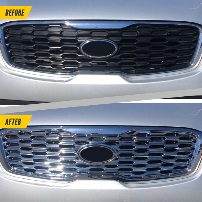 Before and after ABS488 chrome grille overlay on 2019 Kia Sorento