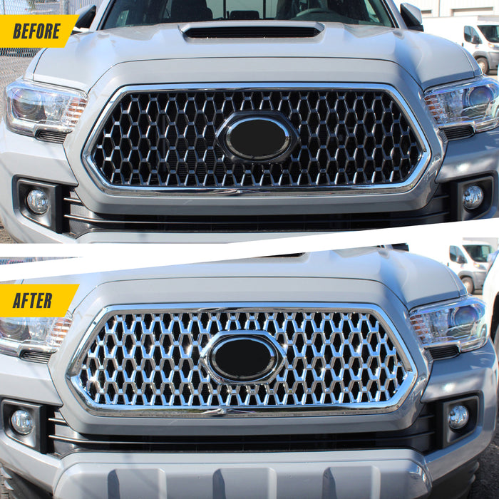 Before and after ABS493 chrome grille overlay on 2018 Toyota Tacoma TRD
