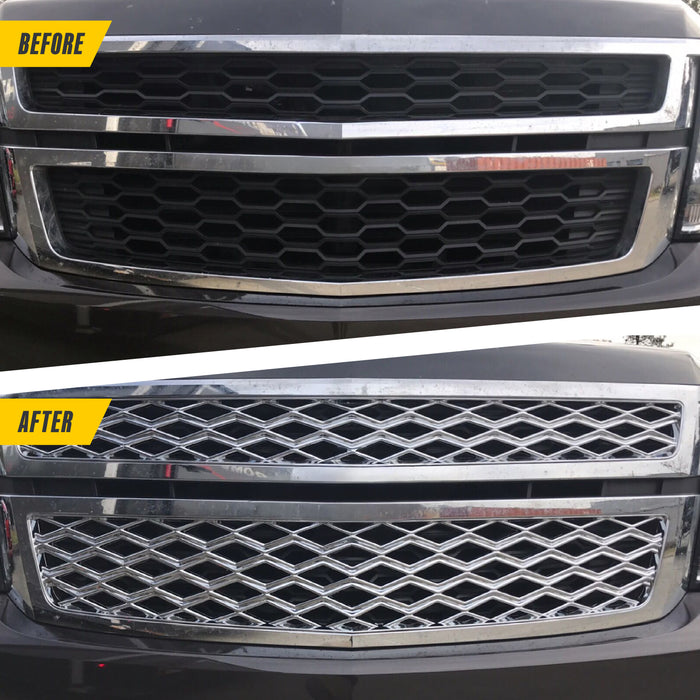Before and after ABS494 chrome grille overlay on 2015 Chevrolet Suburban