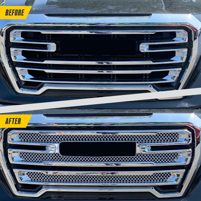 Before and after ABS496 chrome grille overlay on 2021 GMC Sierra 1500
