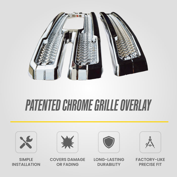 Patented ABS496 chrome grille overlay features for 2020 GMC Sierra 1500