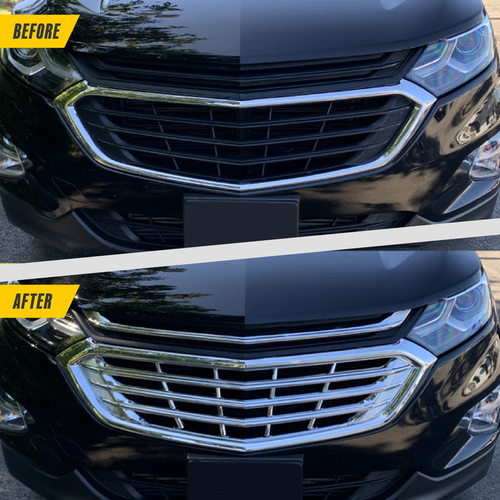 Before and after ABS502 chrome grille overlay on 2019 Chevrolet Equinox