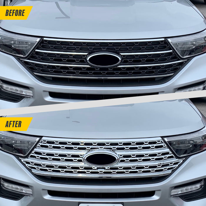 Before and after ABS505 chrome grille overlay on 2022 Ford Explorer